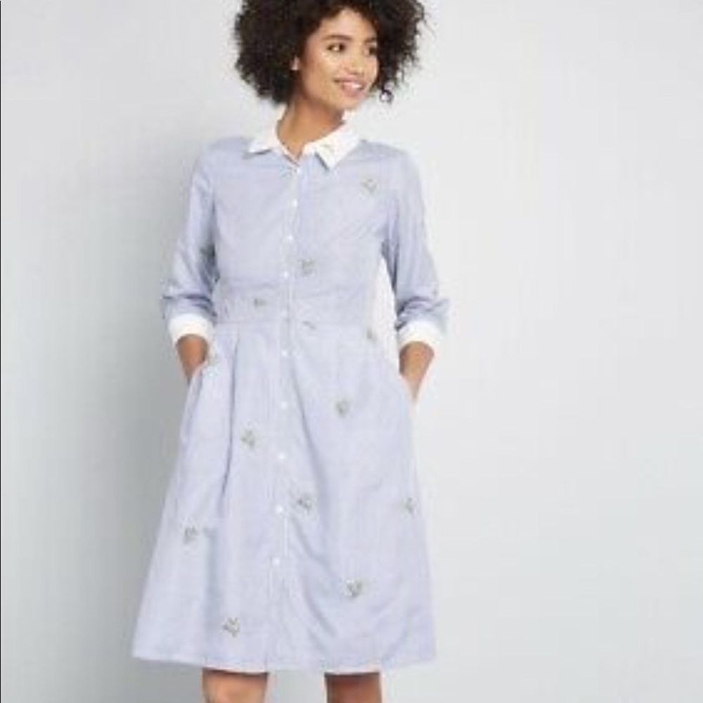 Modcloth Blue & White Striped Midi Shirt Dress with Green Embroidery - Picture 7 of 7